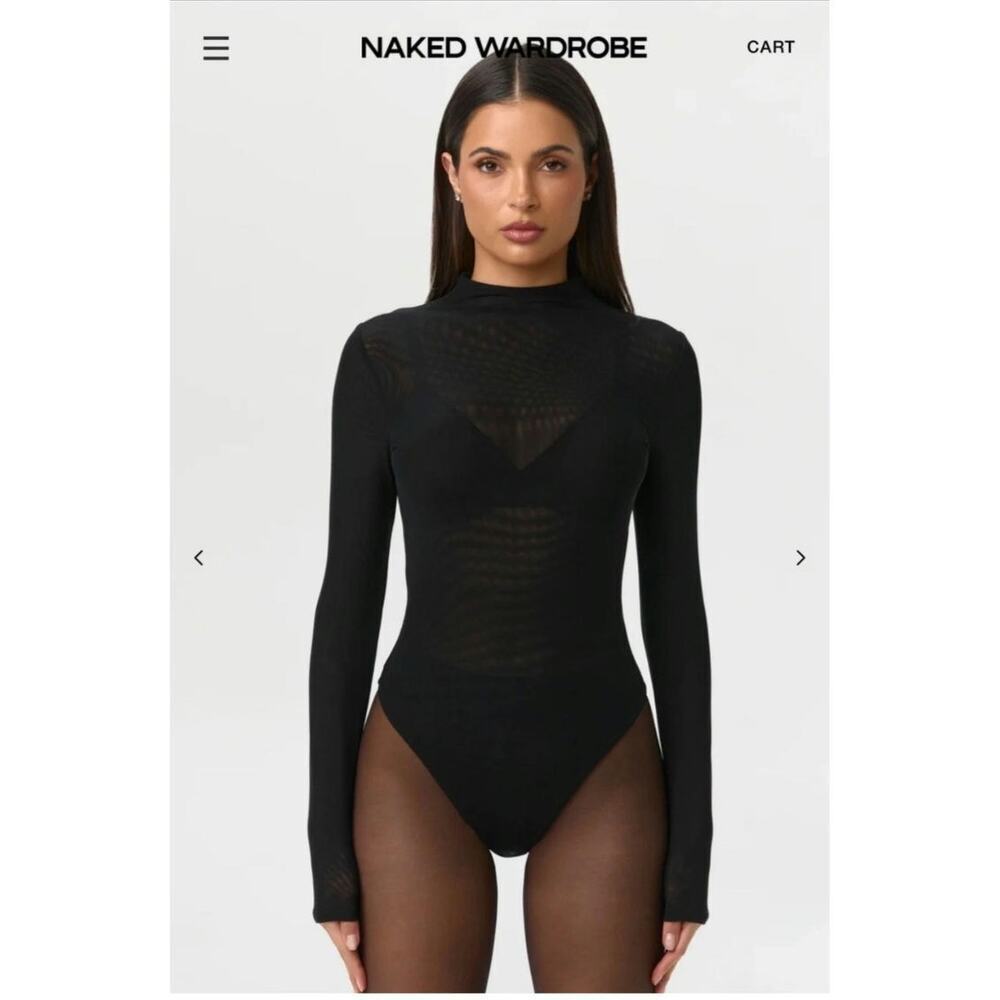 Naked Wardrobe Black Mesh Long Sleeve Bodysuit Sz M NWT